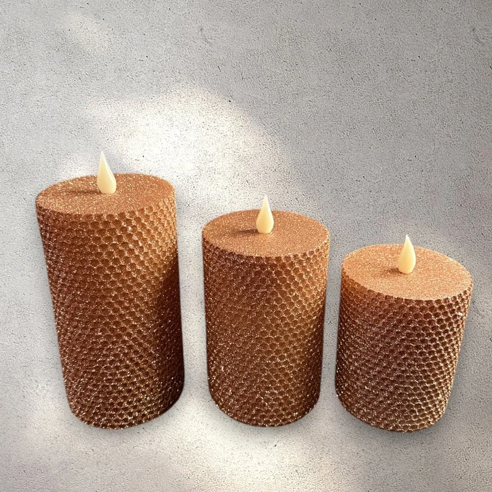 Home Reflections honeycomb flameless LED 3 candle set in champagne  with remote